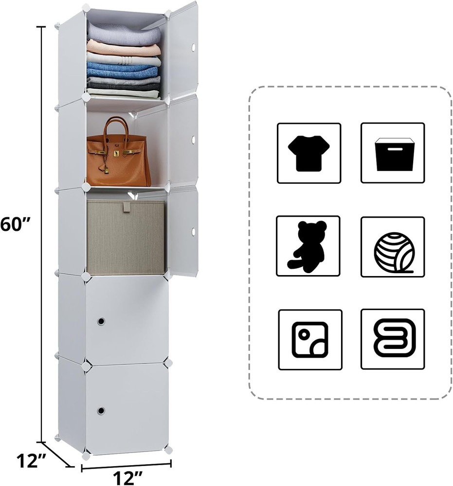 5 Cube Storage Cabinet Narrow Clothes Storage W/Doors Plastic Standing Organizer
