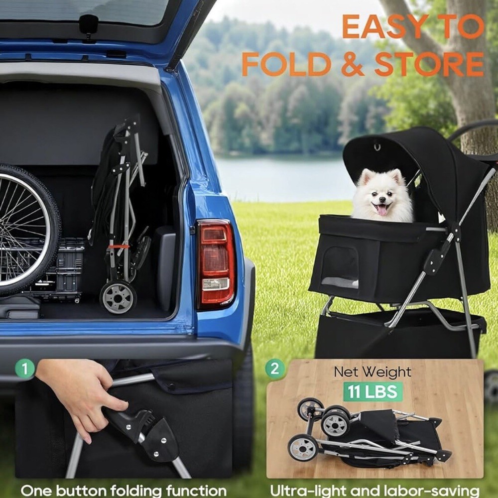 Foldable Pet Stroller for Dogs & Cats Lightweight, Durable , Storage Basket