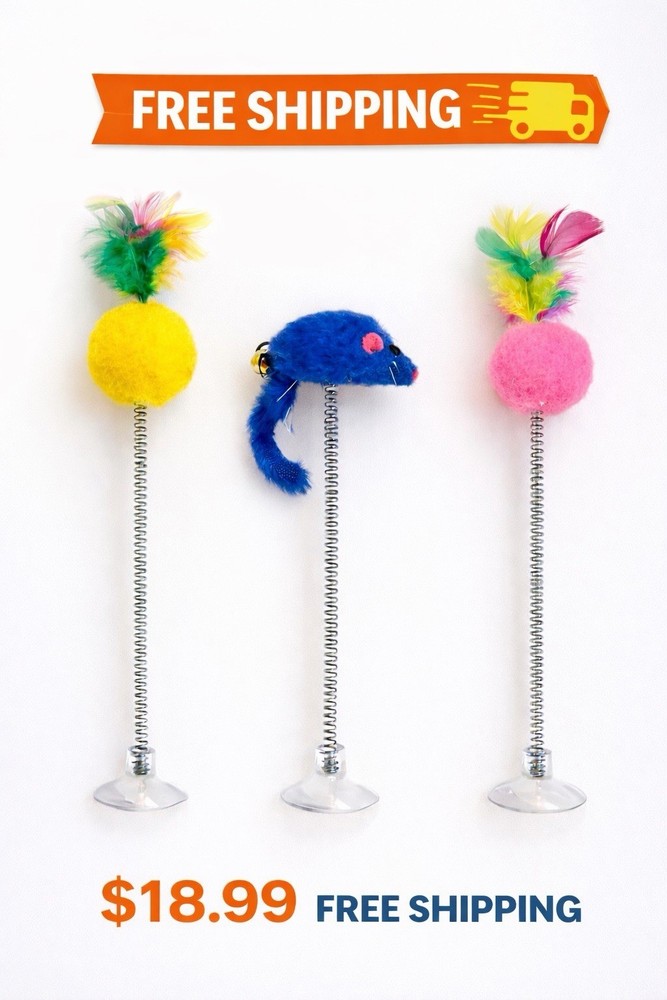Interactive Cat Toy with Suction Cup 3 Pack | Keeps Cats Busy |Spring Toy