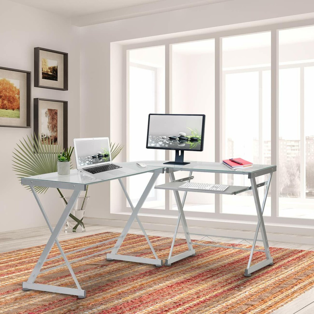 Techni Mobili L Shaped Computer Desk Workstation w/ Reversible Desktop Panels