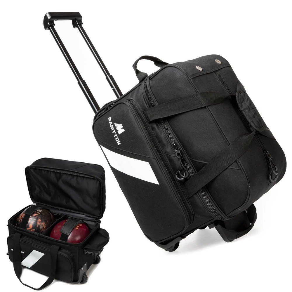 Double Roller Bowling Bag with Wheels, 2 Ball Capacity, Shoe Compartment & Acces