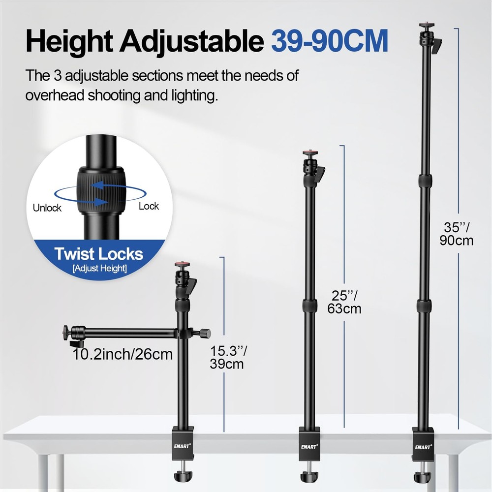 Camera Desk Mount Table Stand, 39-90cm Adjustable Height with 360° Ball Head ...