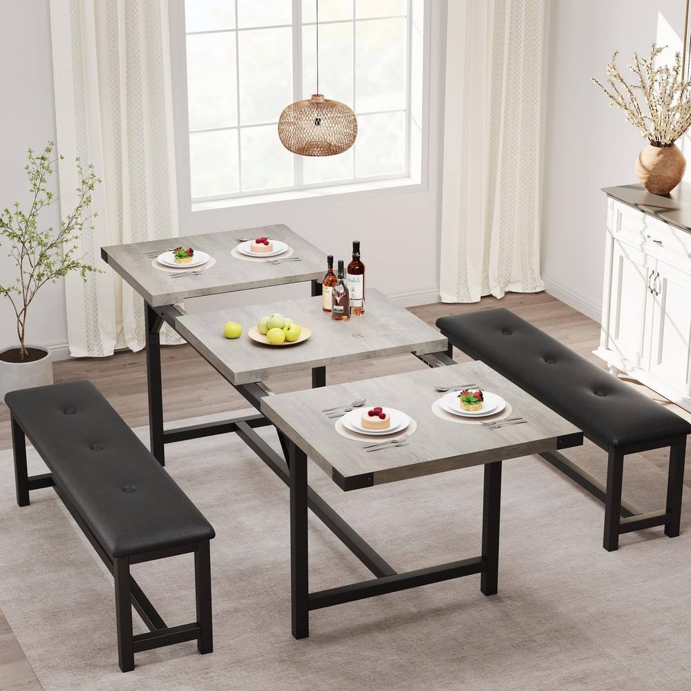 3PC Extendable Dinner Table Home Dining Table Set ,Kitchen Table and 2 Benches