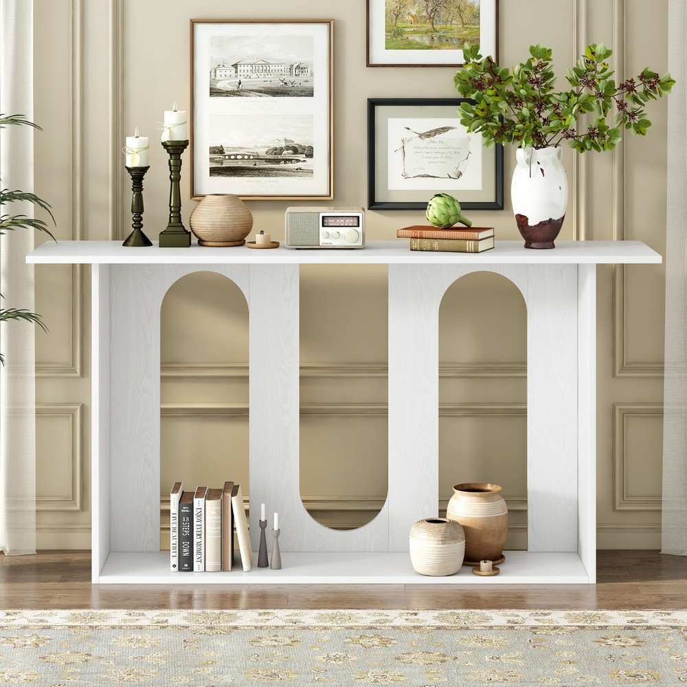 Modern Curved Ash Veneer Console Table with Shelf for Entryway Hallway