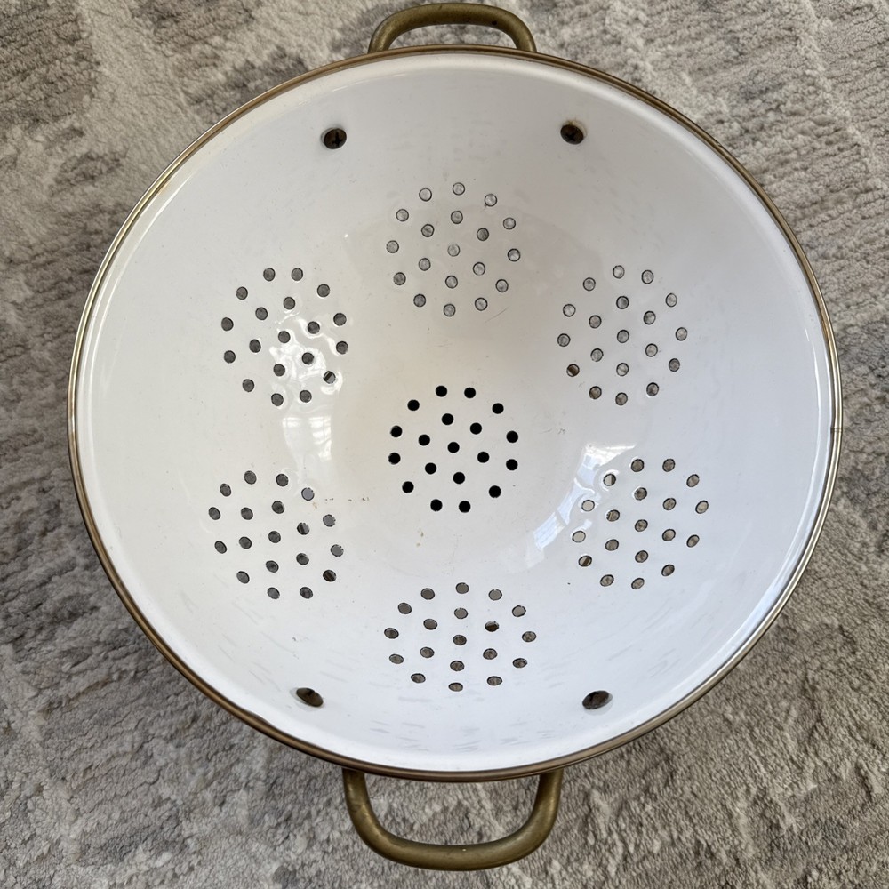 Enameled Colander/Strainer With Brass Handles Beautiful Floral Pattern