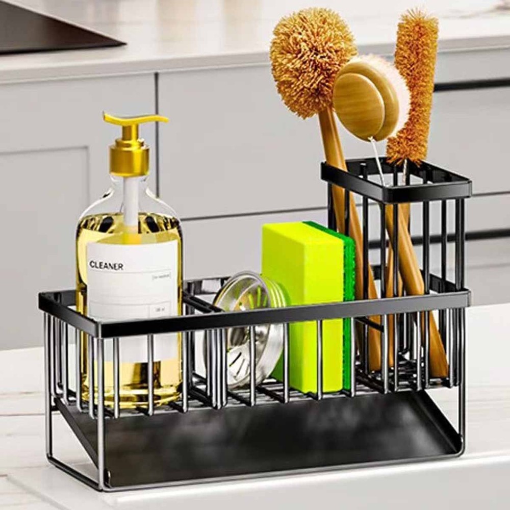 Black stainless steel kitchen sink basket with high brush holder