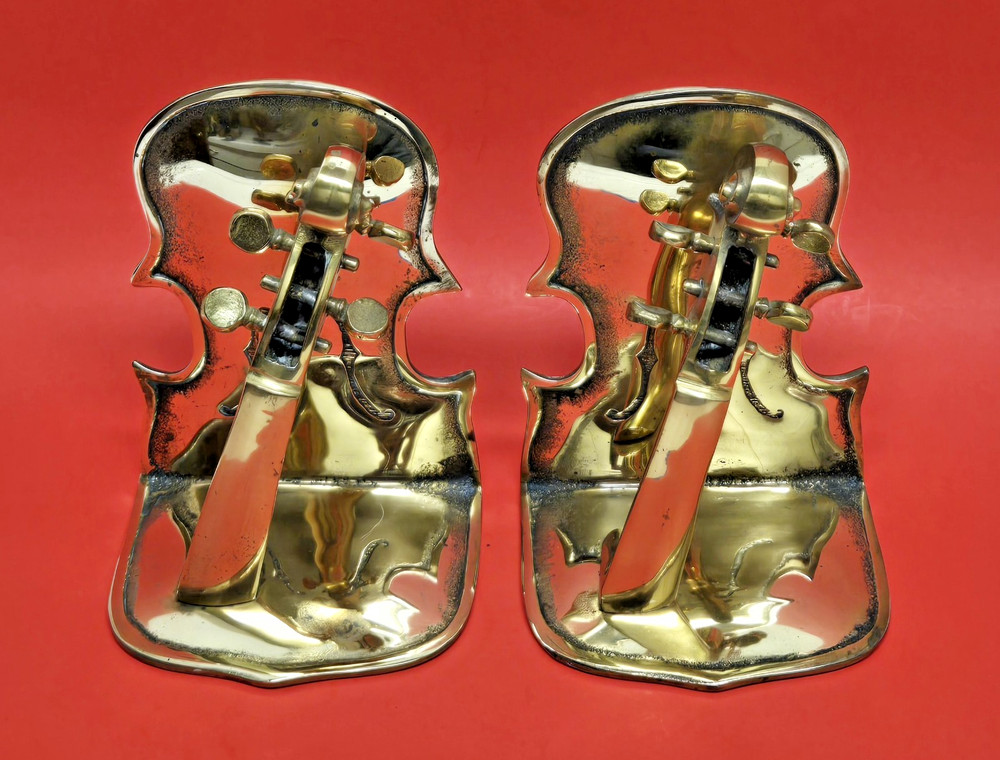 2 Vintage 1992 Solid Brass Bookends Violin ~ Cello Instruments ~ Made in KOREA ~