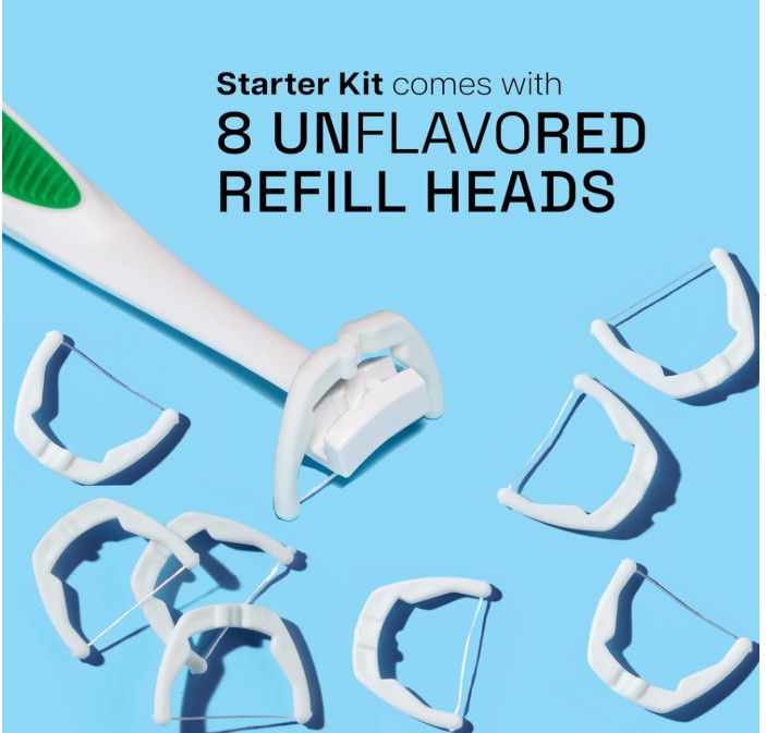 Flosser Starter Kit – 1 Handle + 8 Refills, Unflavored, Reaches Back Teeth