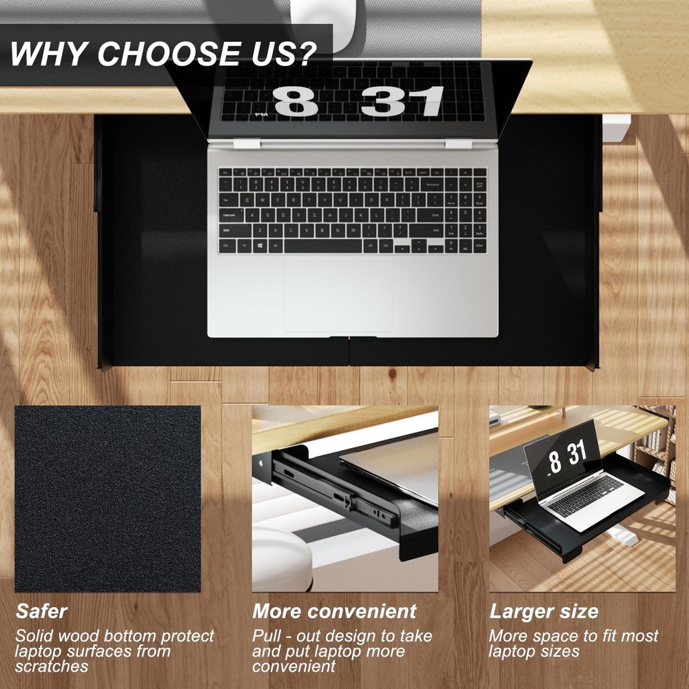 20 Inch Under Desk Mounted Sliding Loptop Drawer, Desktop Extension Pull-Out ...