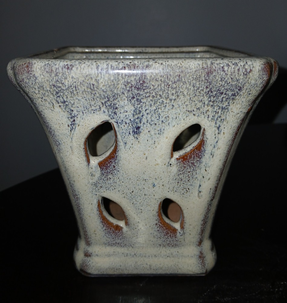 Ceramic Orchid Pot Square Brown Green glazed 5.5" Planter