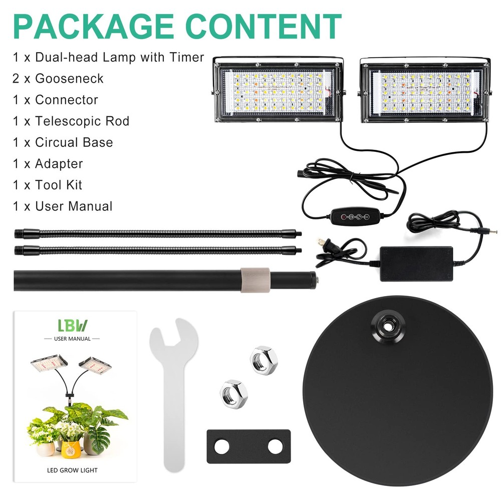 LBW Grow Light for Indoor 2-Head with Timer-Medium, Medium-Two Head Timer