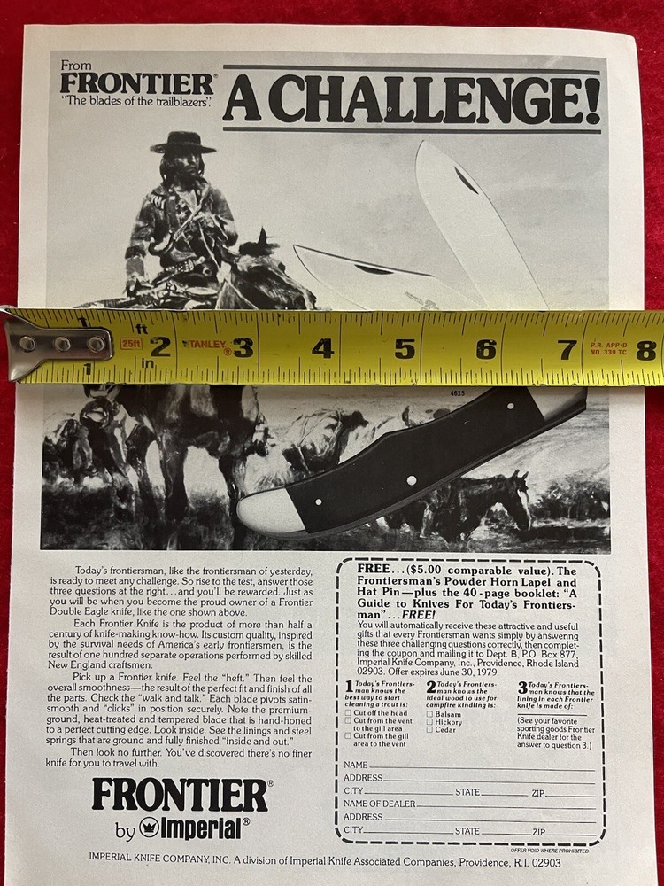 Vintage 1979 Print Ad Frontier Double Eagle Knife Advertisement