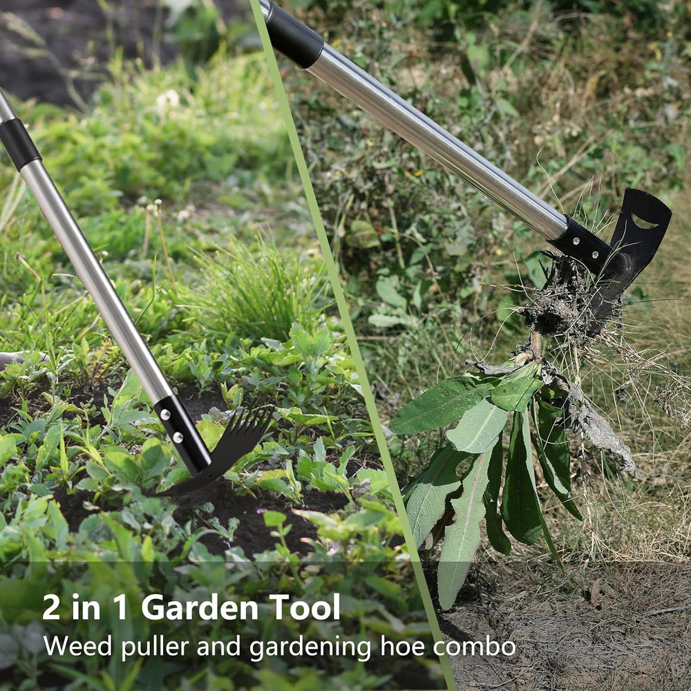 Long Handle Weed Puller Tool, 2-in-1 Weeder Rake & Garden Hoe for Easy Weeding