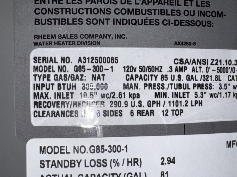 Rheem G85-300-1 300k BTU Commercial Gas Water Heater 85 Gallon
