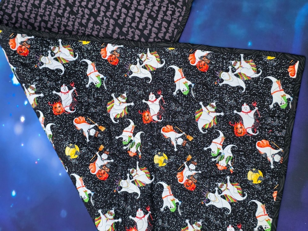 Handmade quilted Halloween Table Runner Ghosts pumpkins glitter Bats Black