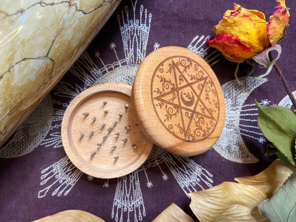 Pentacle And Crescent Moon Wooden Herb Grinder, Witchy Altar Tool