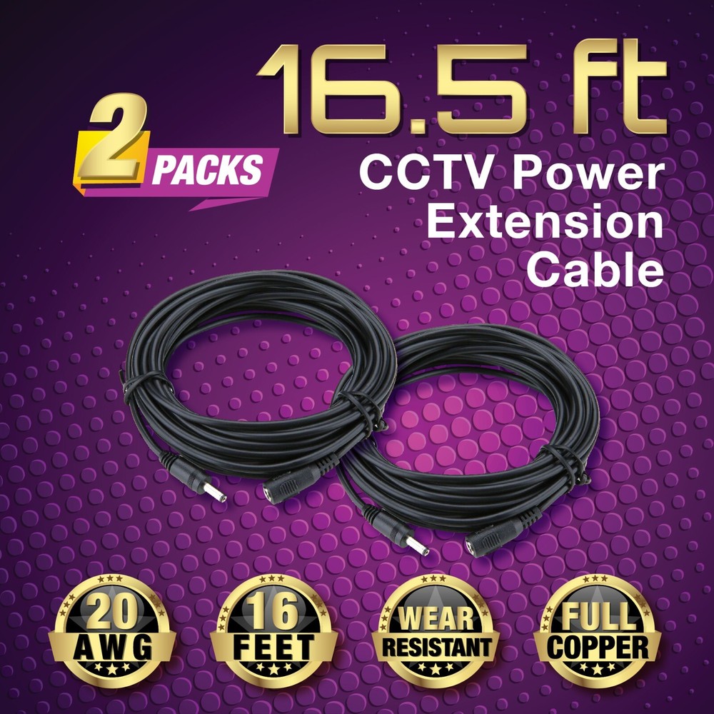 2 Packs 16.5ft Power Extension Cable for Home Security Camera System DVR kit