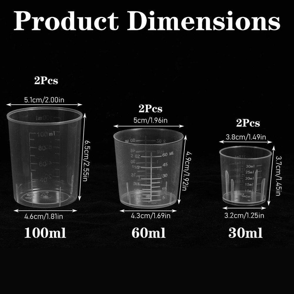 6 Pack Plastic Graduated Cup Set 30ml /60ml(2 oz)/100ml Clear Samll,