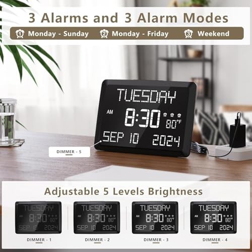 Digital Clock, 11.5" Large Display Calendar Clock with Day and White Font