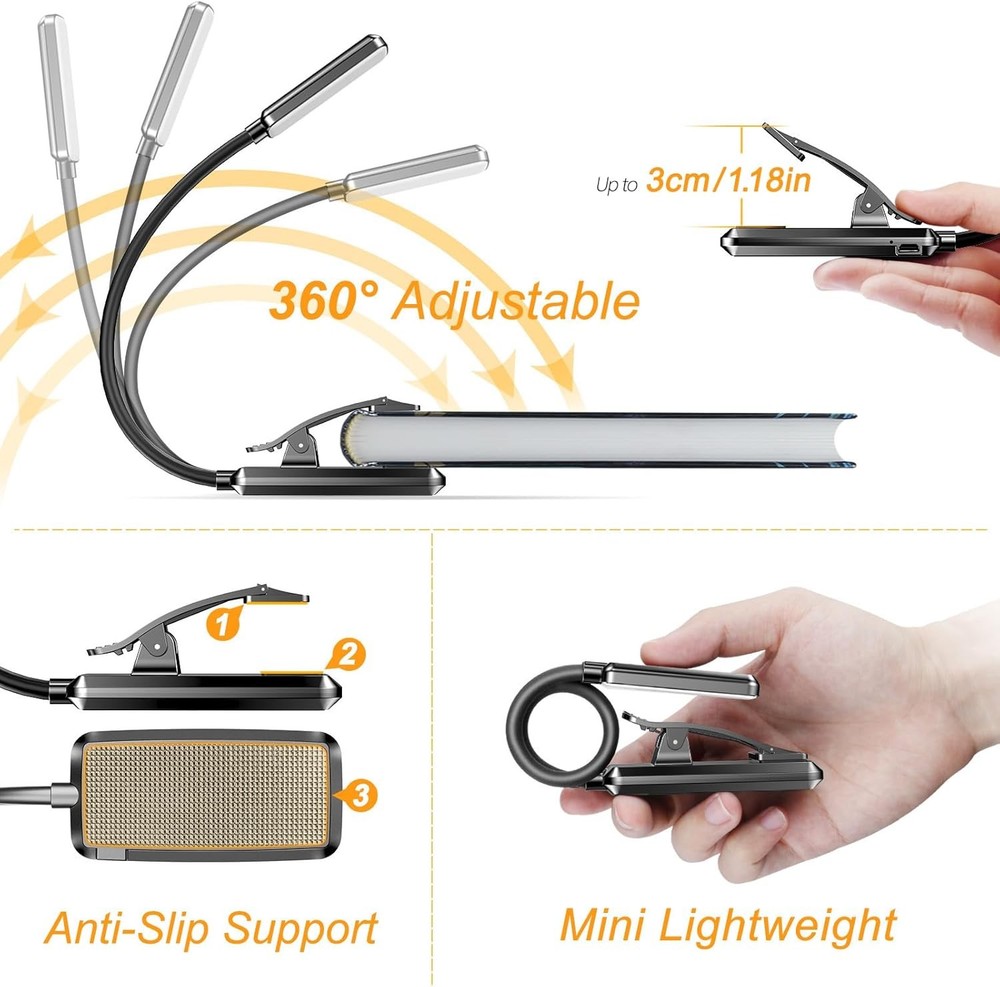 USB Rechargeable Clip‑On LED Reading Light Adjustable 3 Modes & Flexible Neck
