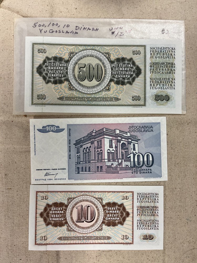 Yugoslavia 10, 100, & 500 Dinara Notes Uncirculated #2