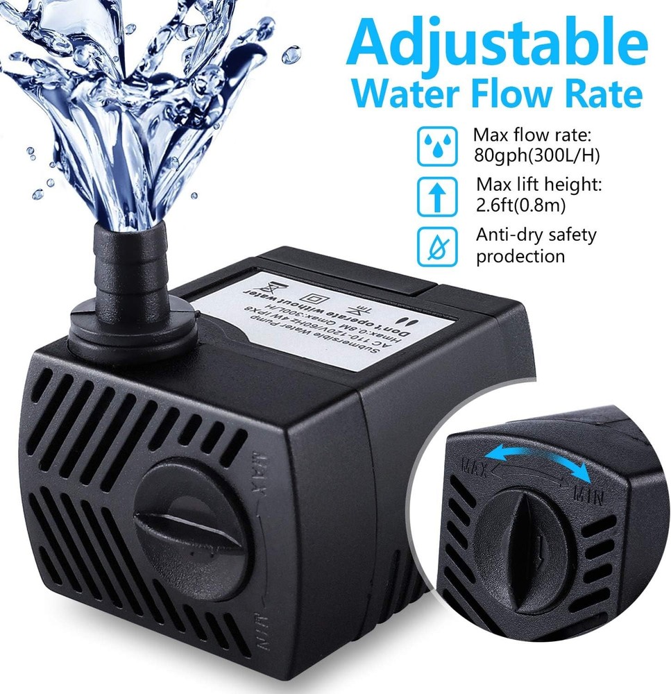 Submersible Pond Pump 80GPH 4W 7.2ft Cord