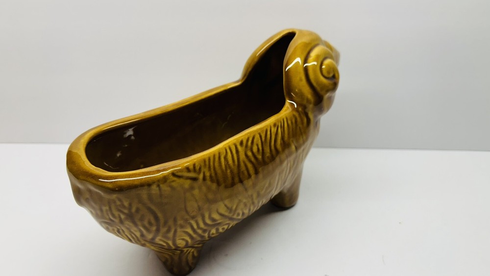Vintage Glazed Brown Ceramic Pottery Ram Planter 11" Long