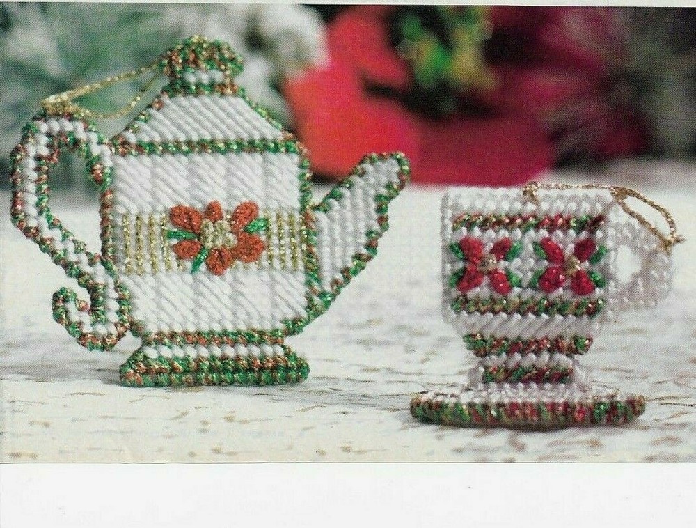 CHRISTMAS TEA PARTY 2 ORNAMENTS TEAPOT & CUP PLASTIC CANVAS PATTERN INSTRUCTIONS