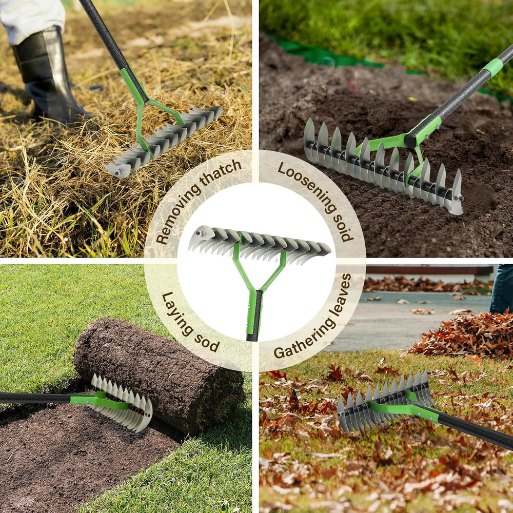 Thatch Rake, 13" Wide Efficient Dethatcher Rake with 70" Adjustable Long Handle,