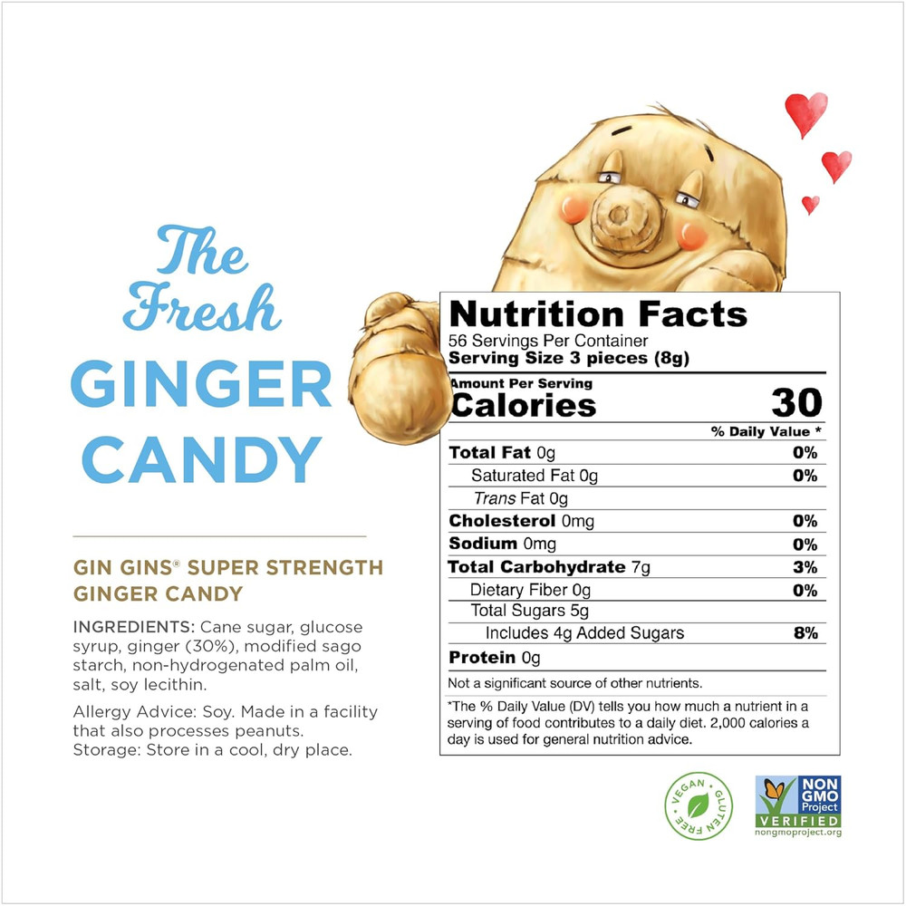 Gin Gins Super Strength Ginger Candy, Natural Ginger, 1 Lb Bag