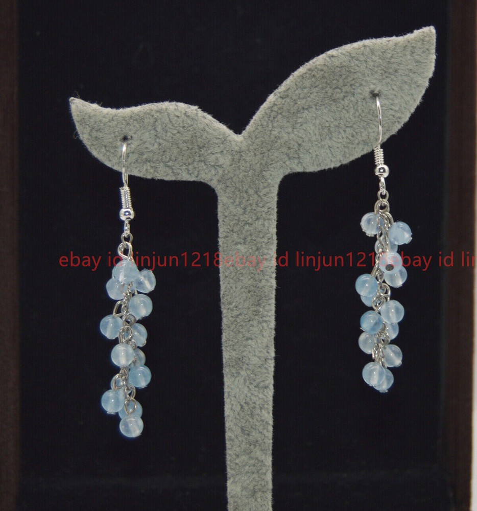4mm Natural Blue Jade Gemstone Round Beads Grape Silver Hook Dangle Earrings
