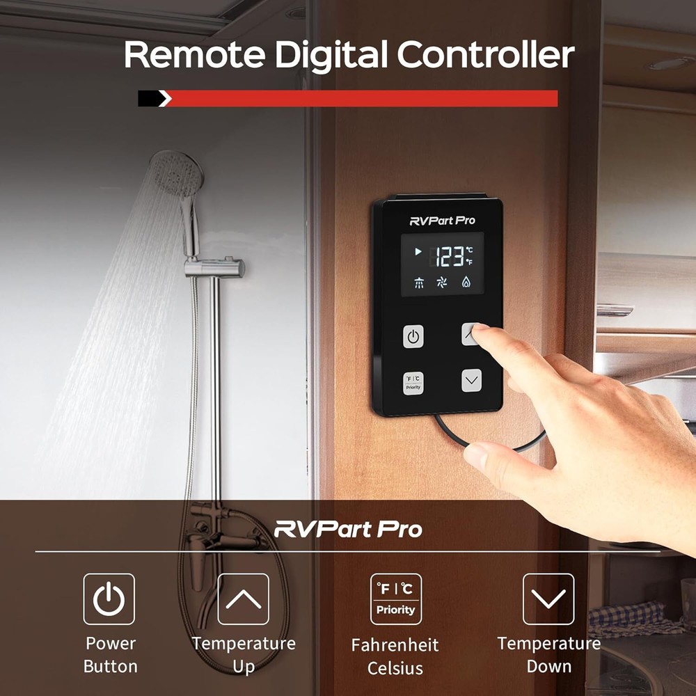 RVPart Pro 42000BTU RV Tankless Water Heater 12V Propane Instant Hot Water Black