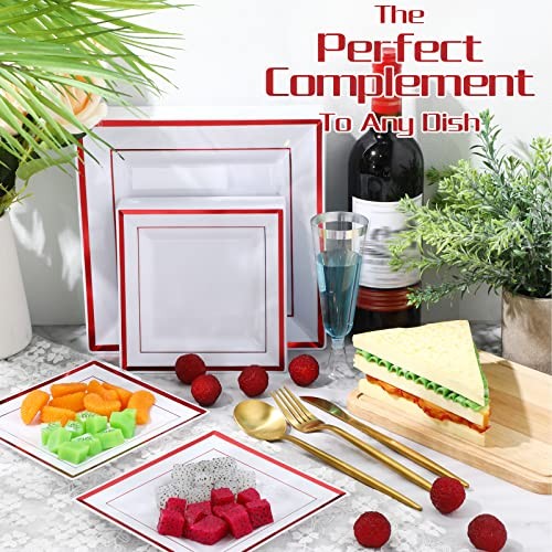 50 Pcs Square Plastic Plates White Disposable Dinnerware Set 25 Guests 9.5 Red