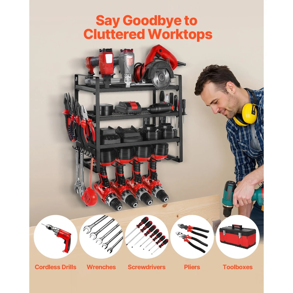 Wall Mounted Power Tool Organizer 4 Tier Drill Holder Storage Rack Garage