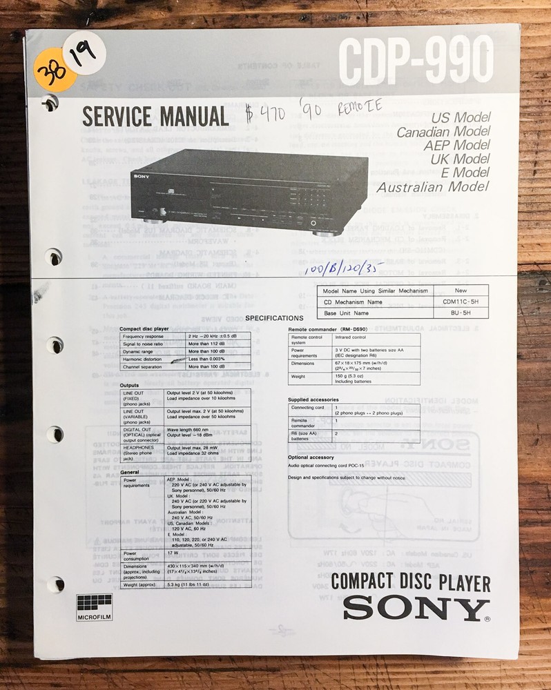 Sony CDP-990 CD Player  Service Manual *Original*