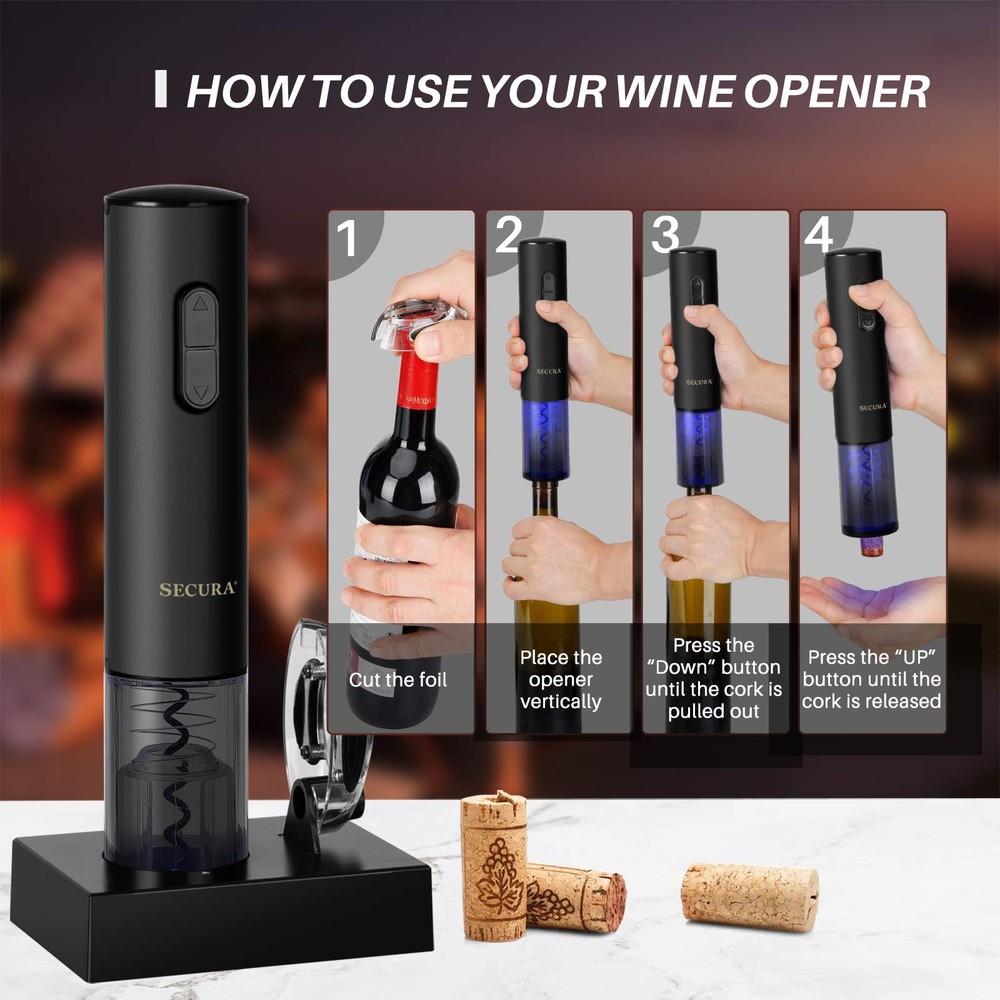 Secura Electric Wine Opener, Automatic Bottle Corkscrew Black