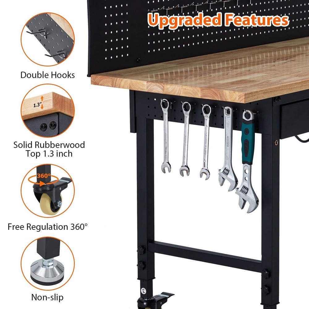 60" Heavy Duty Workbench ,Garage Work Table w/ Pegboard & Power Outlets ,Drawer