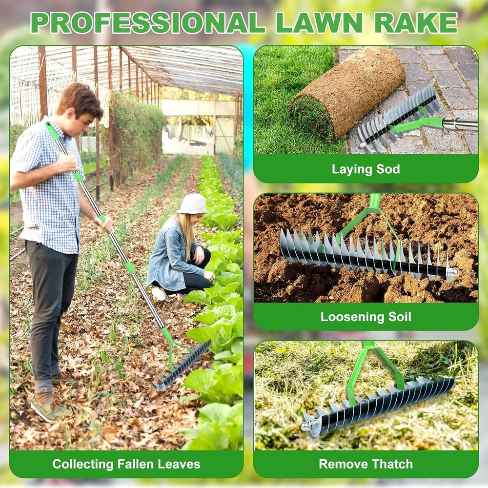 Thatch Rake, 12.4 Inch Wide Dethatching Rake with Double Sided Steel Teeth,