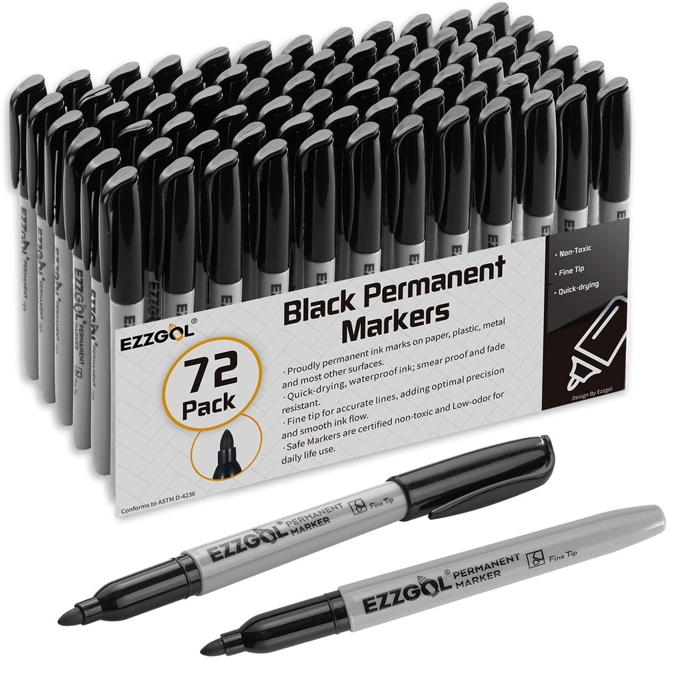 Ezzgol Permanent Markers Bulk, 72 Pack Black Permanent Marker Set, Fine Tip, ...