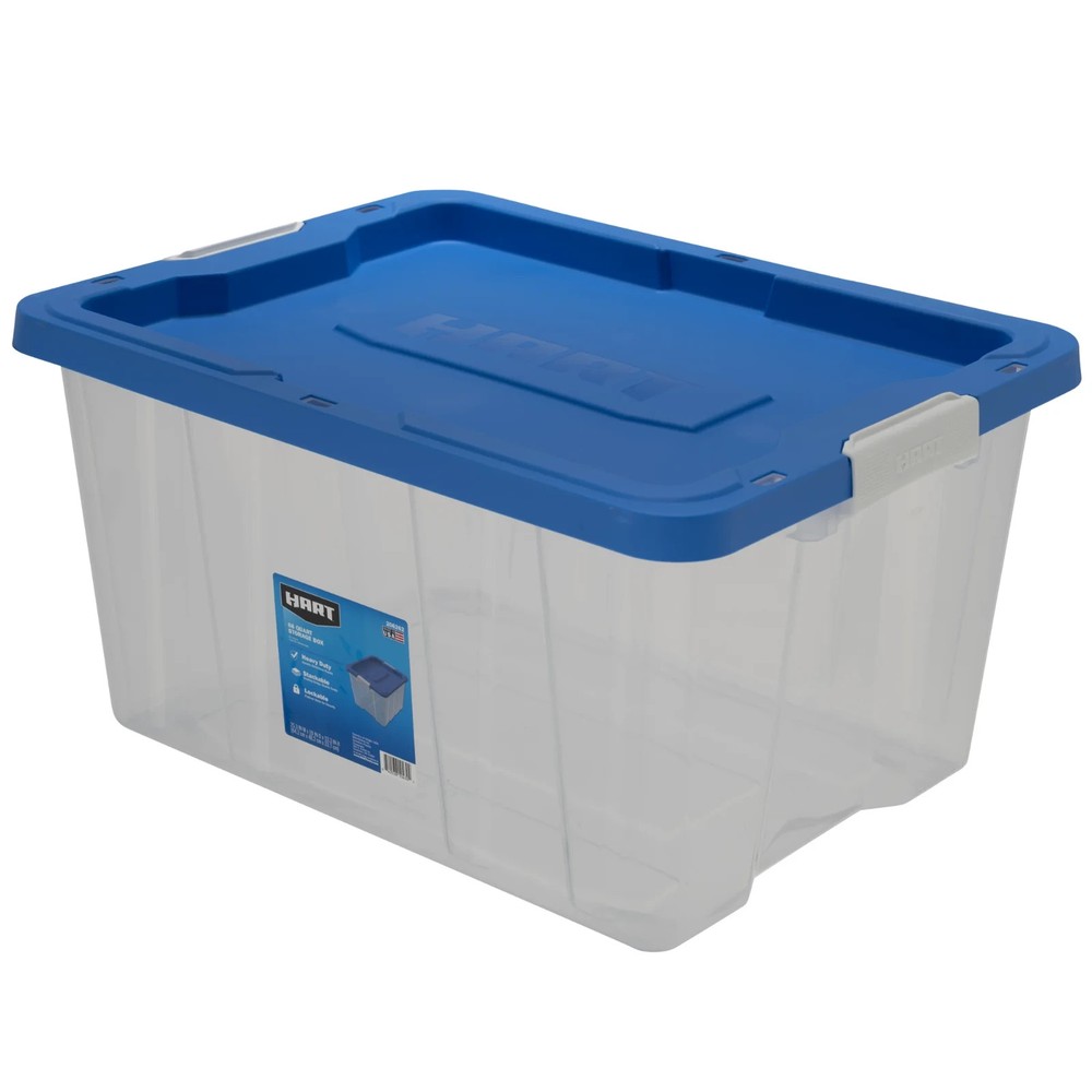 HART 68 Quart Clear Latching Plastic Storage Bin Container, Clear with Blue Lid,