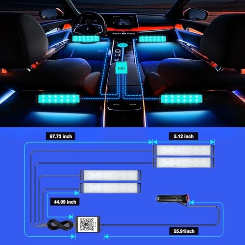 Honalia Car LED Lights Interior, Ambient APP Control 4-Lines Cigarette Lighter