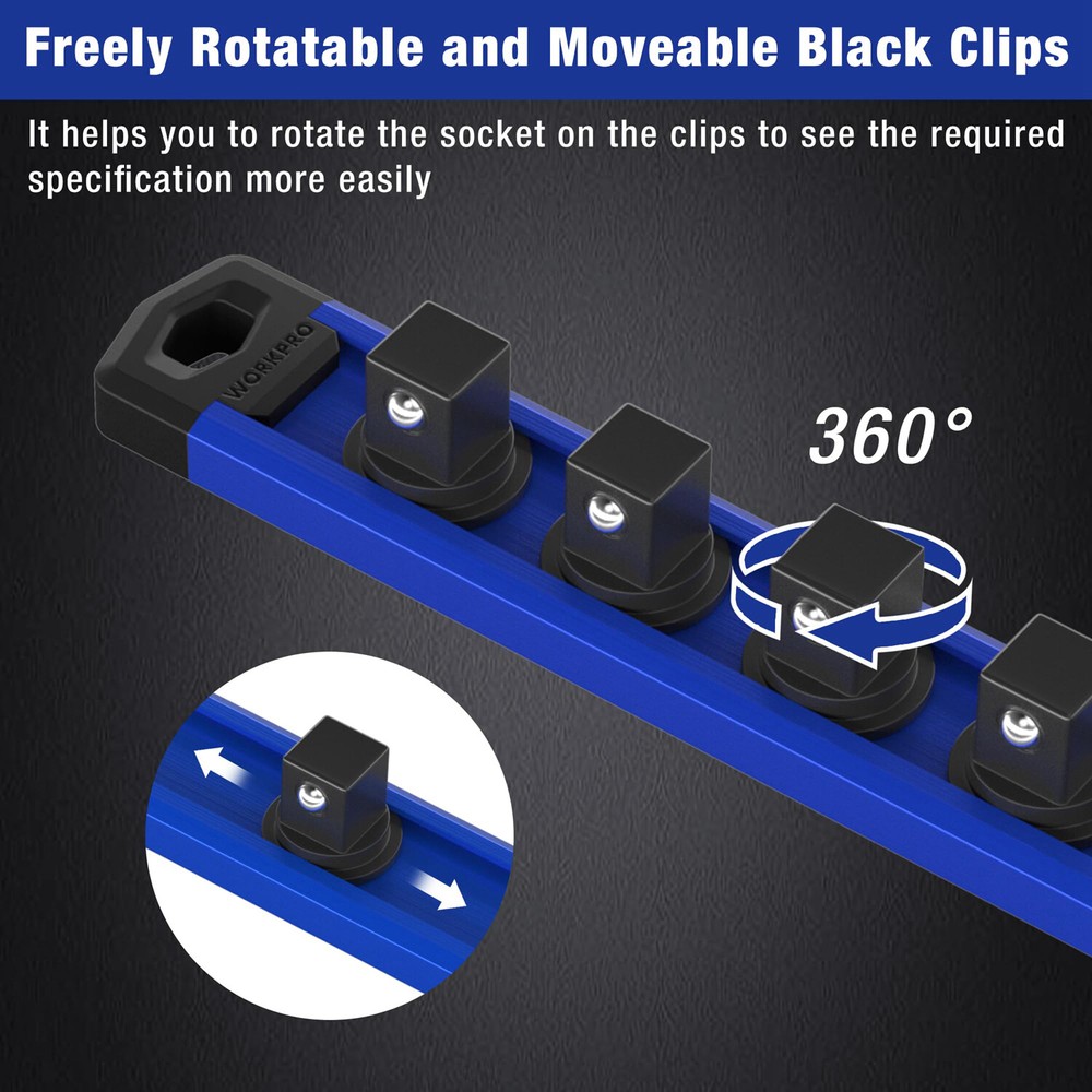 WORKPRO Magnetic Socket Organizer Set, 3-Piece Aluminum Alloy Socket Rail Blue