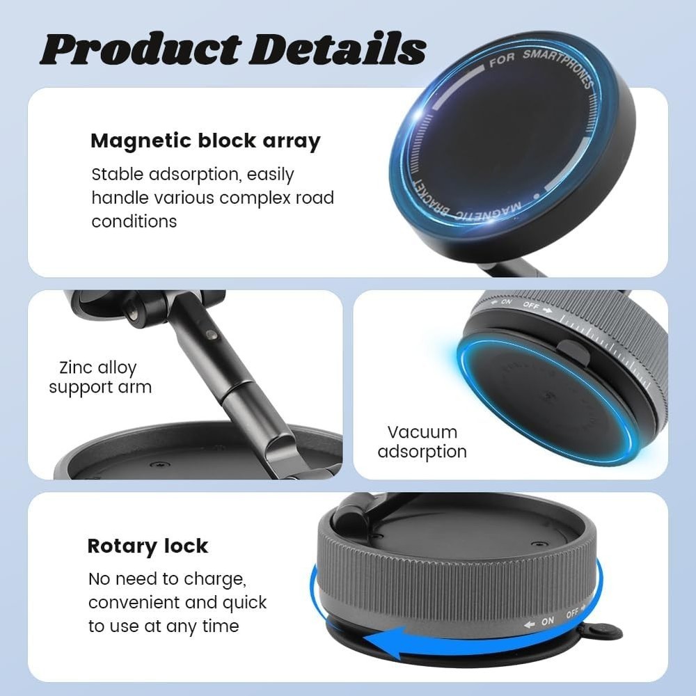 Strong Vacuum Suction Car Phone Mount with Quick Release & Adjustable Design