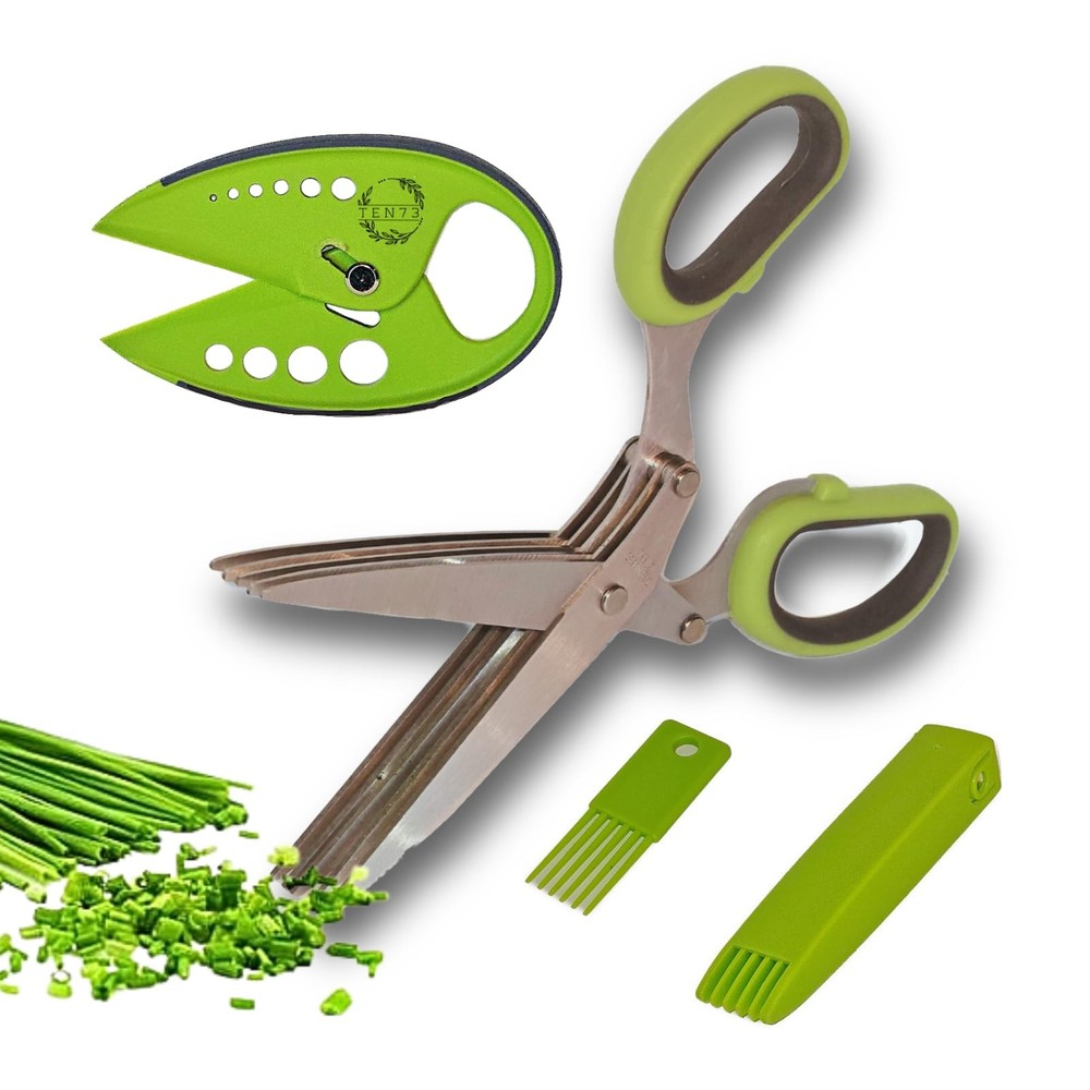 2-in-1 5-Blade Herb Scissors & Herb Stripper Set | 10-Hole Leaf stripper Stem...