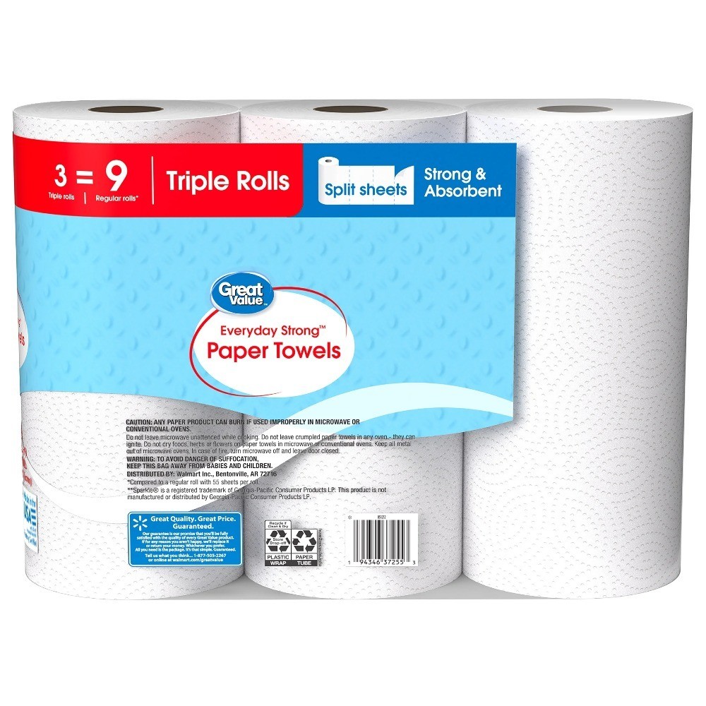 Triple Roll Paper Towels Split Sheets Everyday Strong Absorbent 3 Pack