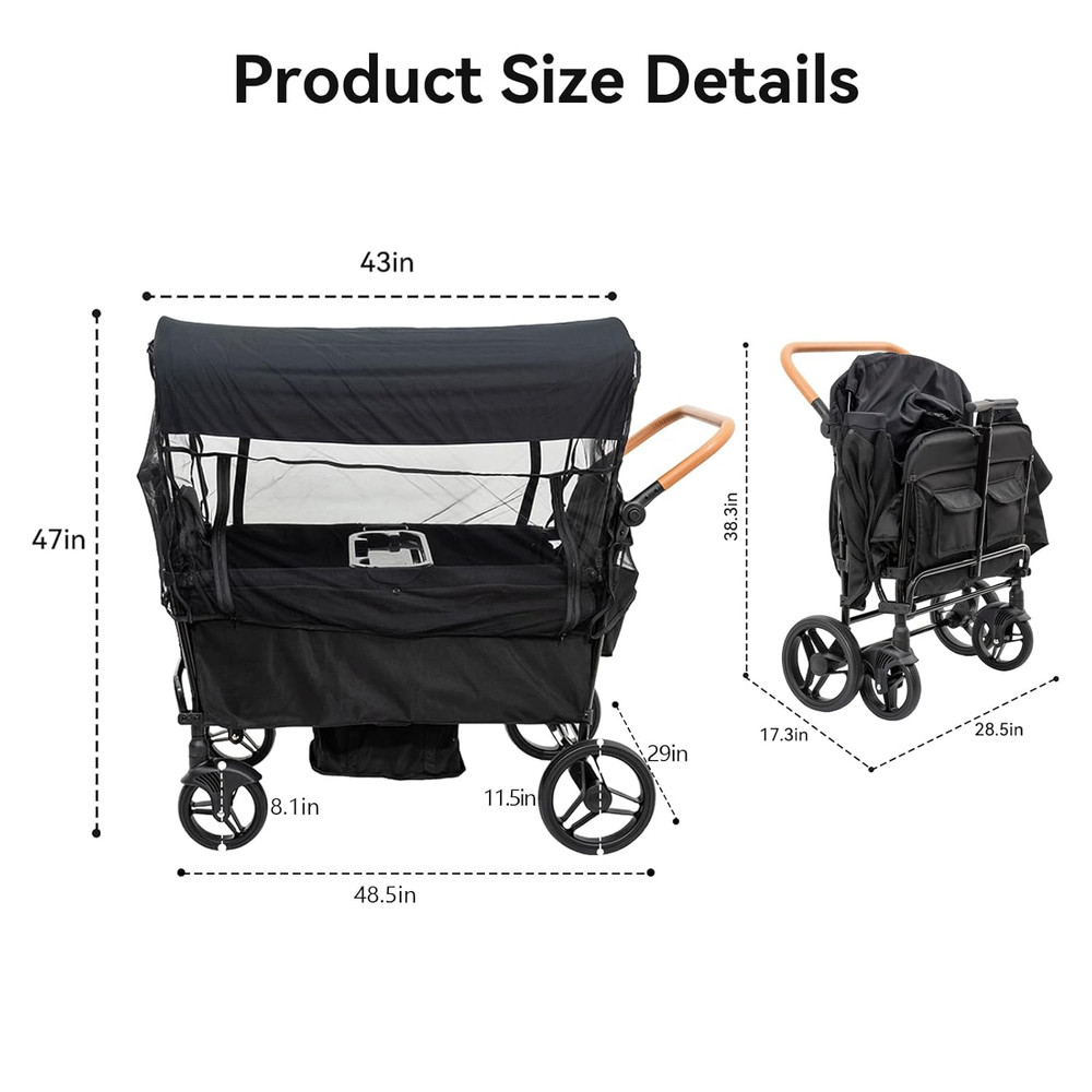 Stroller Wagon for 4 Kids Seated-Tandem Fold Stroller Push-Pull Lightweight Trav