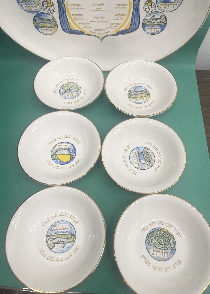 Oval Ceramic Passover Seder Plate 13" & 6 Mini Bowls 7 pieces