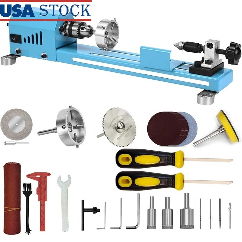 Mini Woodworking Lathe Adjustable Chuck HSS Turning Tool High Torque Motor