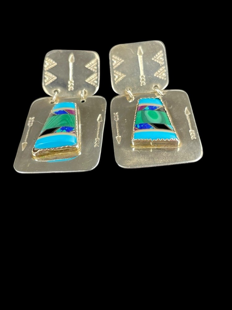 Native American Sterlin Silver Earrings Multi Color Turquoise Arrow Square