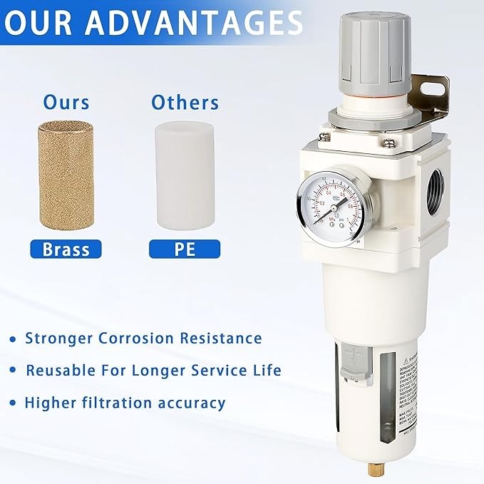 1" NPT Compressed Air Filter Regulator Combo, 5 Micron Brass Filter